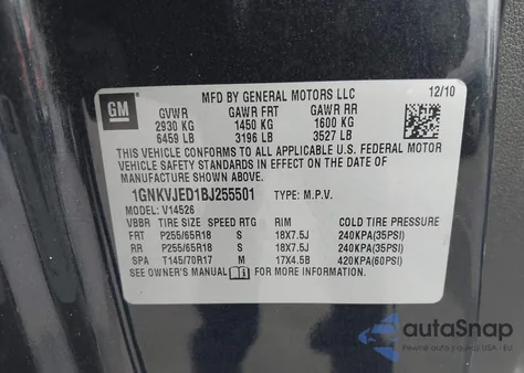 2011 Chevrolet Traverse 2Lt from USA, damaged, VIN 1GNKVJED1BJ255501